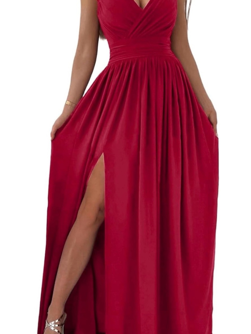 Red V-Neck Sleeveless Maxi Dress with Side Slit